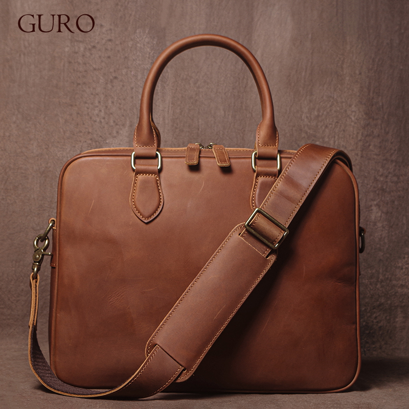 Luxury Tote Bags With Zipper - GURO Men Crazy Horse teczka ze